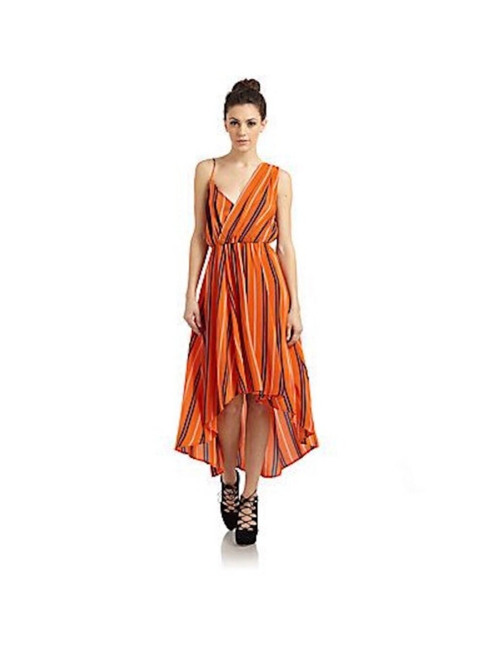 Rebecca Minkoff Long Delhia Silk Maxi Dress Orange Blue Striped Hi Low NWT